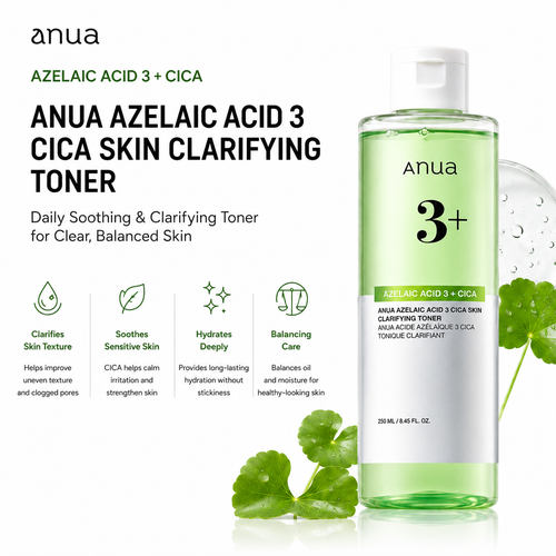 Anua Azelaic Acid 3 + Cica Skin Clarifying Toner bottle with a white cap and green liquid, shown on a white background with product details, benefit icons, and green leaves.