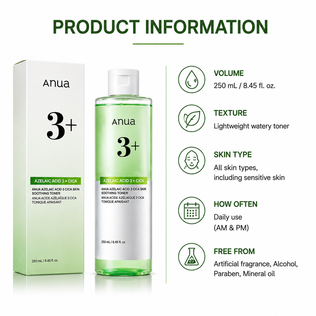 Product information graphic for anua 3+ Azelaic Acid 3% Oxa Skin Smoothing Toner, showing the product bottle and packaging box alongside key feature icons and text on a white background.