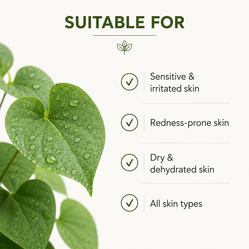 Suitable for informational graphic with green heart-shaped leaves on the left and a list of skin types on the right: sensitive & irritated skin, redness-prone skin, dry & dehydrated skin, and all skin types.