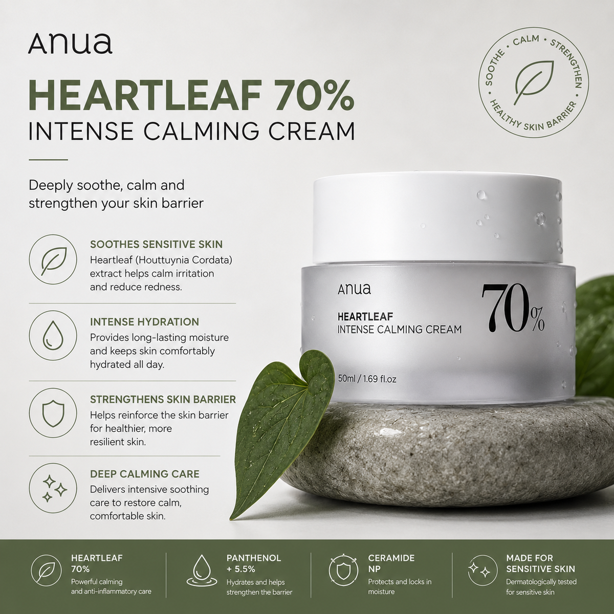 Anua Heartleaf 70% Intense Calming Cream in a white jar, displayed on a gray stone with a green leaf, set against a light gray background with product benefits and features.