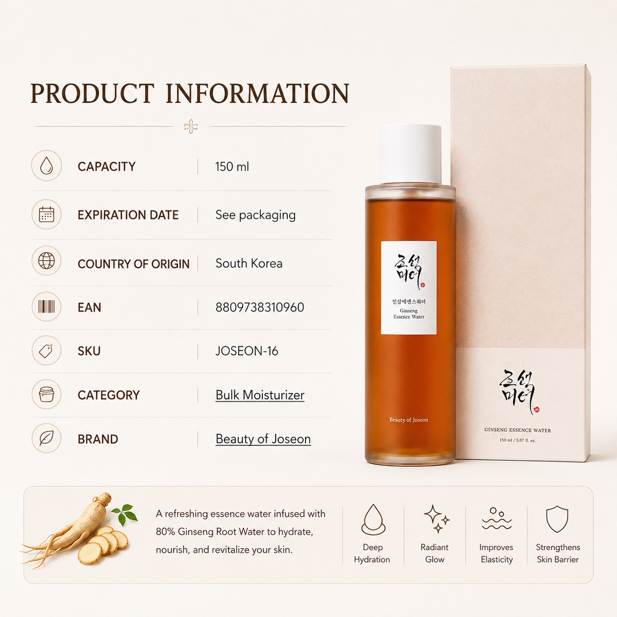 Beauty of Joseon – Ginseng Essence Water: Concentrated Hydrating Essence, 150ml