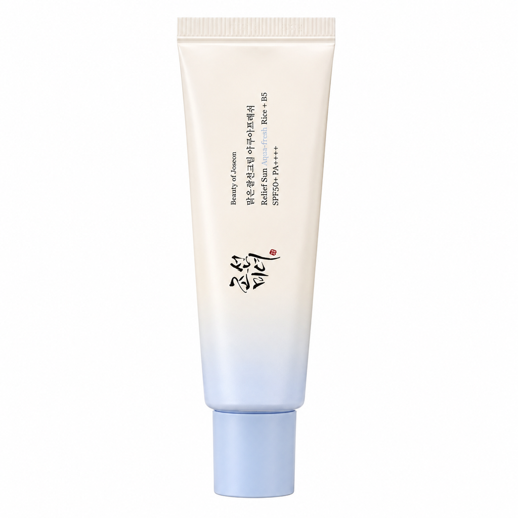 A tube of COSRX Beauty of Joseon Relief Sun Milk Sunscreen on a solid white background. The tube features a white-to-light-blue gradient design with black Korean text and a small red seal.