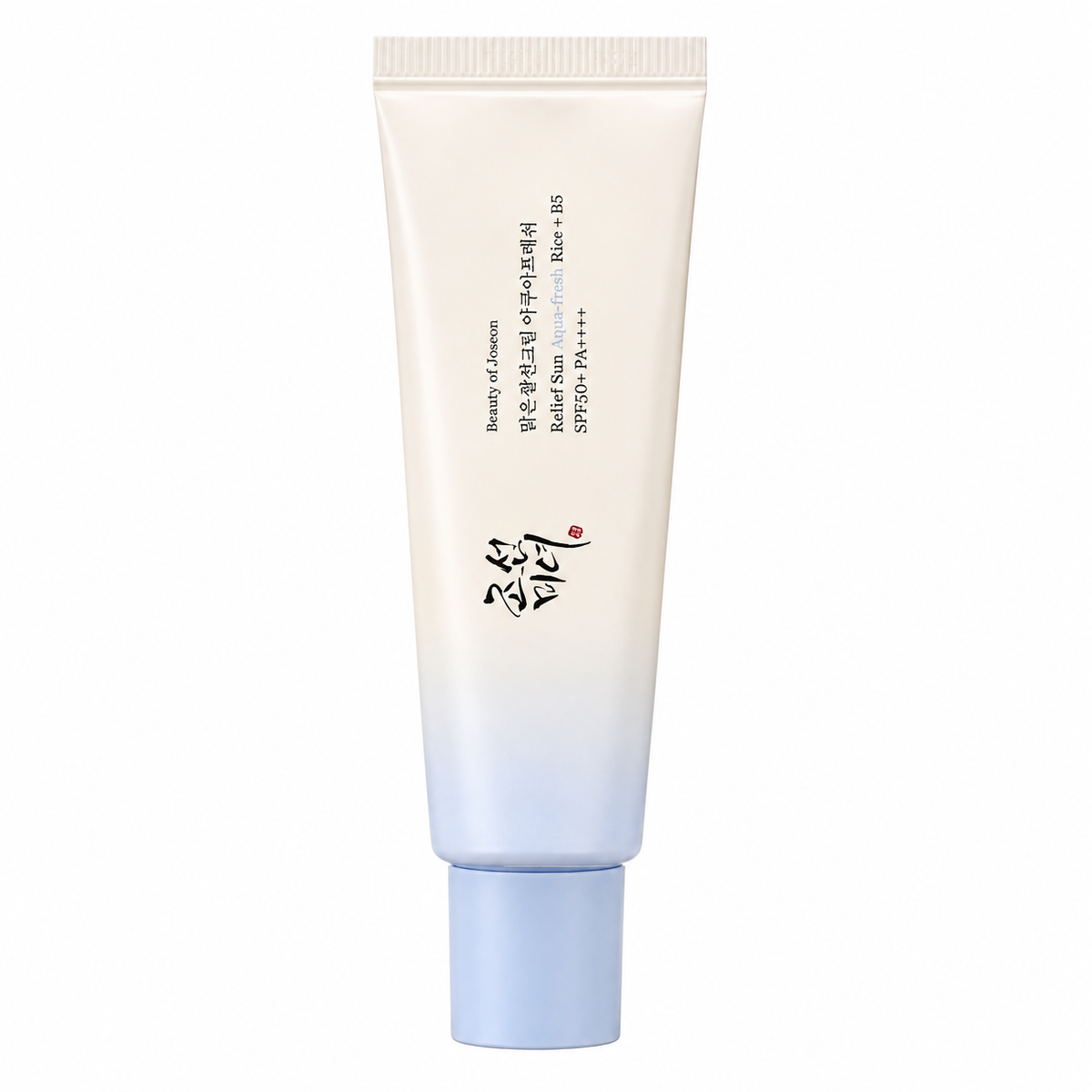 A tube of COSRX Beauty of Joseon Relief Sun Milk Sunscreen on a solid white background. The tube features a white-to-light-blue gradient design with black Korean text and a small red seal.