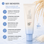 Beauty of Joseon Sun Protection SPF 50+ PA++++ tube shown on a light blue background with text listing key benefits, rice grains, and water droplets.