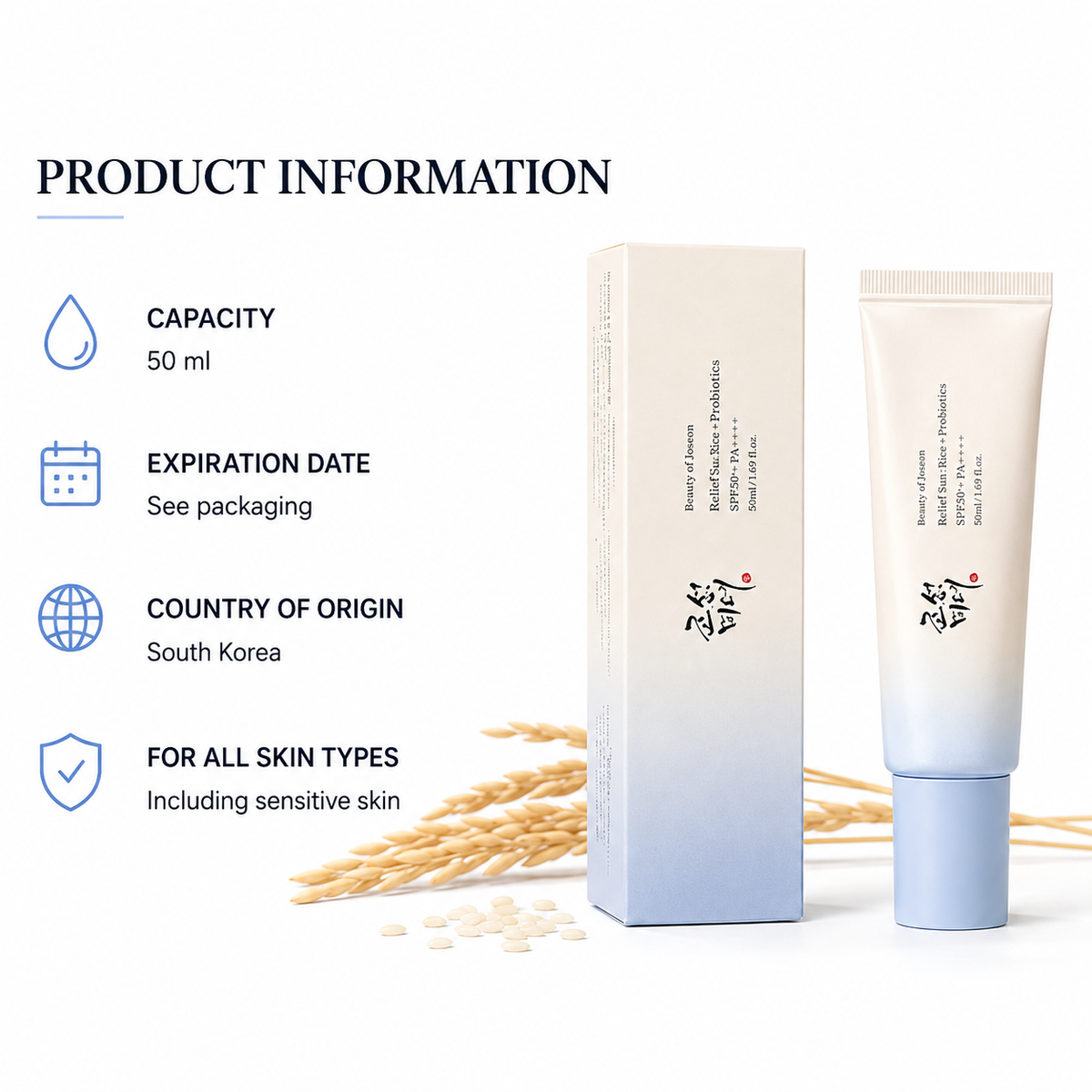 Beauty cream tube and matching box on a white background with product information text on the left. The packaging is white with a soft blue gradient at the bottom and Korean script branding.