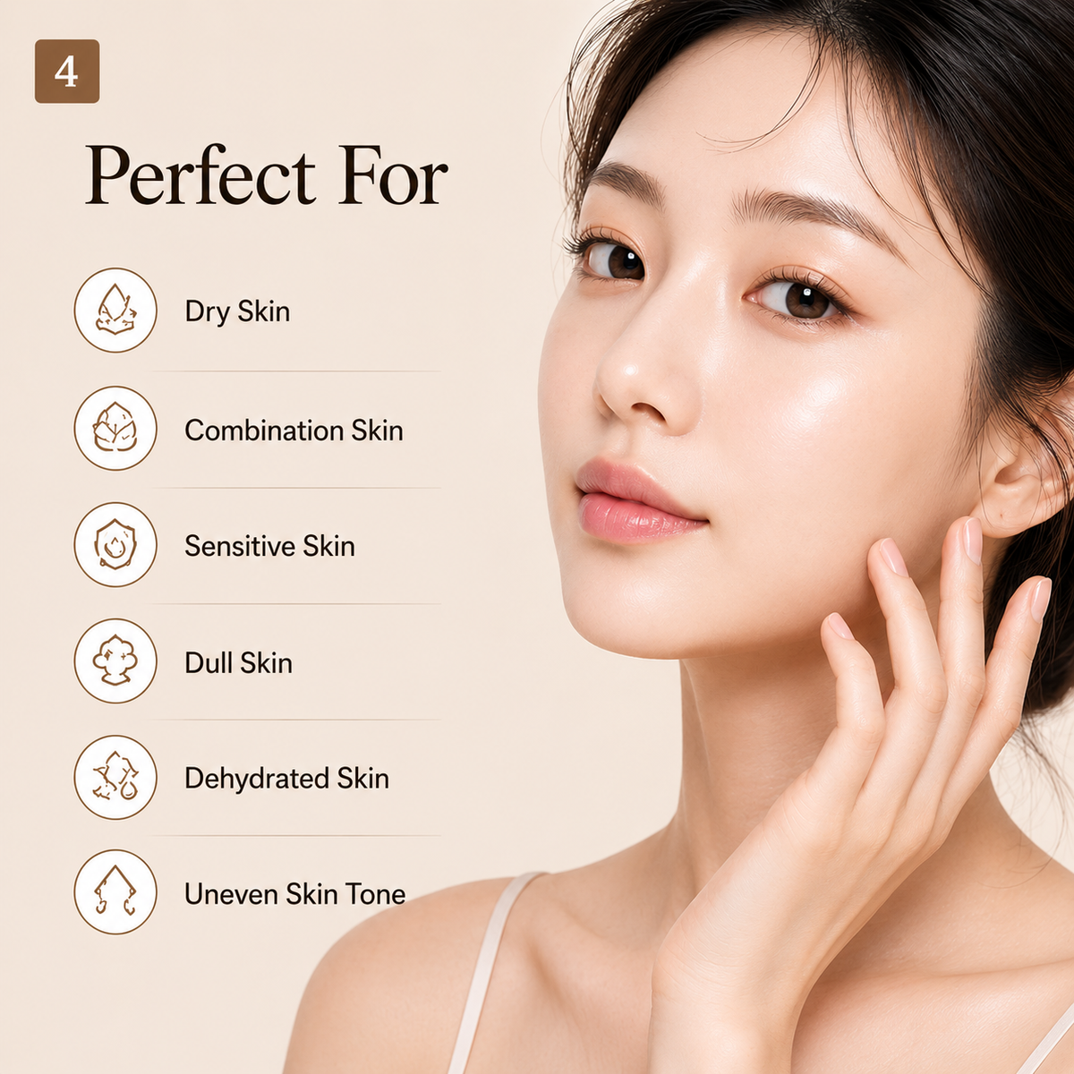 A beauty marketing graphic with a woman on the right touching her face and text on the left reading 'Perfect For' followed by skin type icons: Dry Skin, Combination Skin, Sensitive Skin, Dull Skin, Dehydrated Skin, and Uneven Skin Tone.
