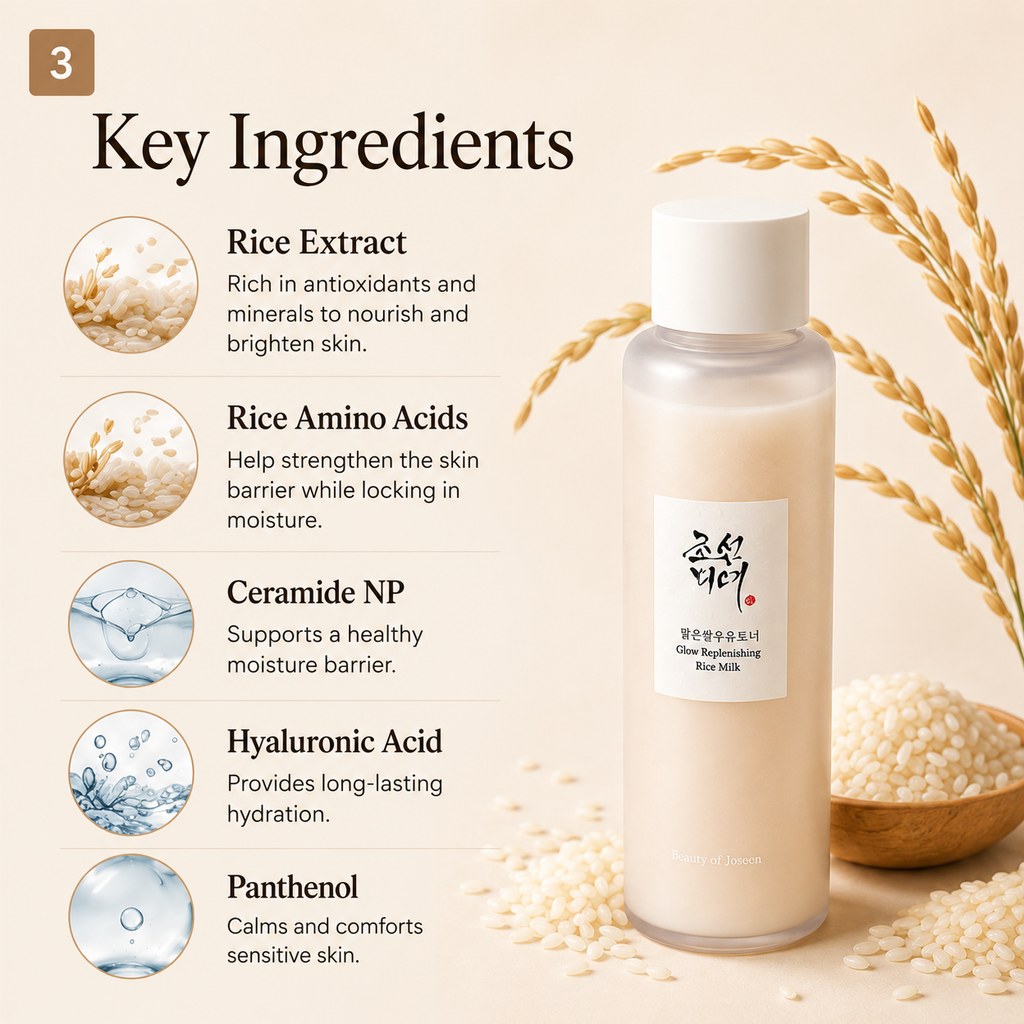 A bottle of rice extract facial toner shown on a beige background with ingredient callouts. The bottle is frosted with a white cap and a white label featuring Korean text and English reading 'Olive Hyalu-Celant Rice Extract Facial Toner.