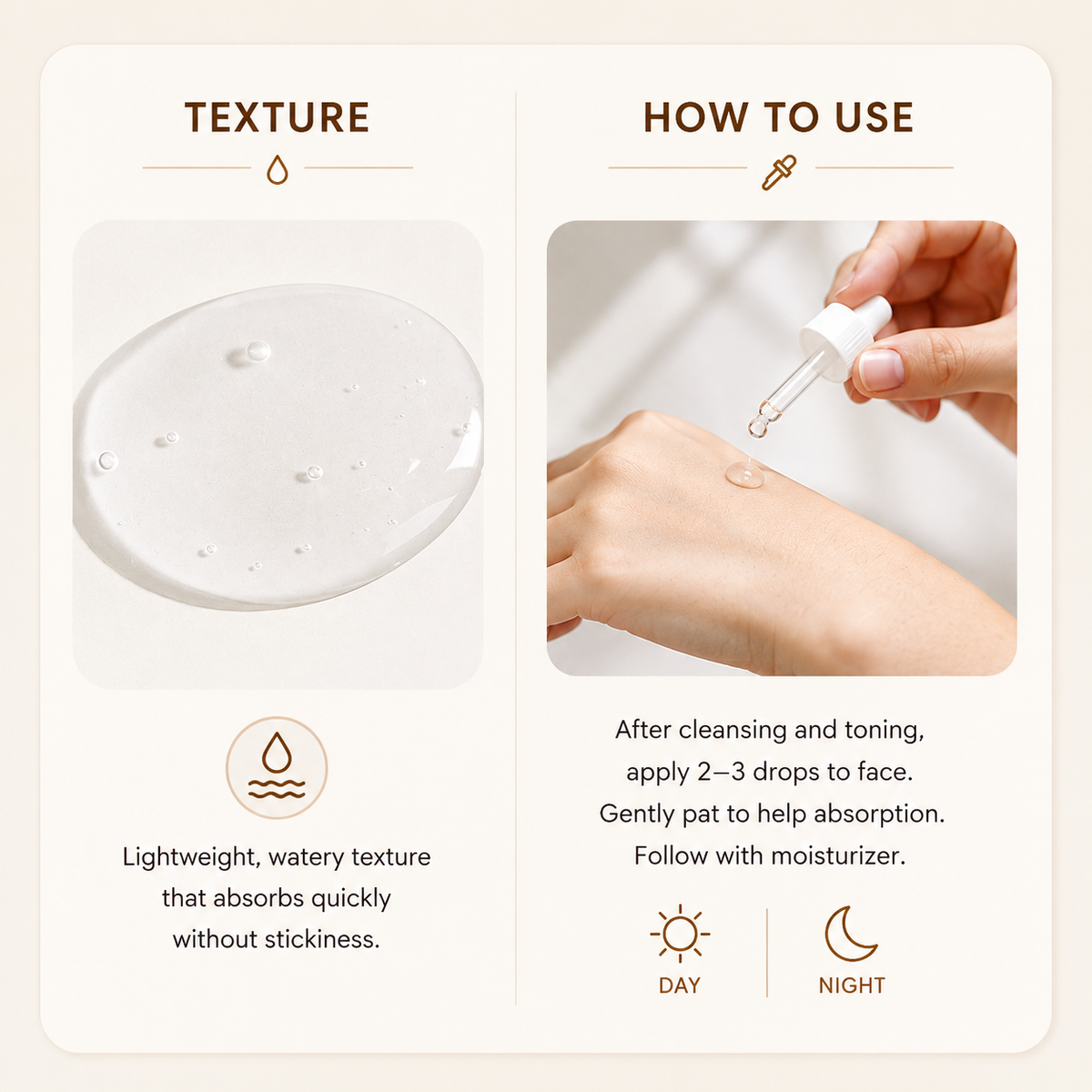 An informational skincare graphic with two panels: one showing a clear watery liquid droplet under the heading 'TEXTURE,' and another showing a hand receiving a dropper application under the heading 'HOW TO USE.' Text describes the product as lightweight, watery, and non-sticky.