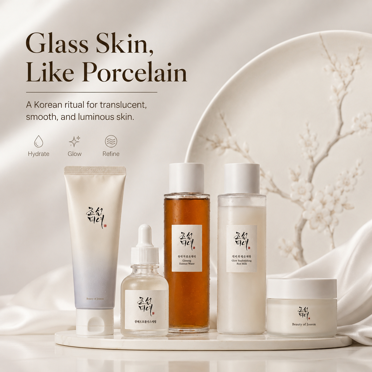 Five Korean beauty products arranged on a white tray against a soft cream background with draped fabric and a decorative plate. Text at the top reads 'Glass Skin, Like Porcelain' with smaller descriptive copy and icons for Hydrate, Glow, and Refine.