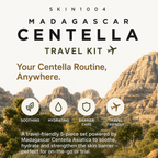 Promotional graphic for the SKIN1004 Madagascar Centella Travel Kit, featuring a scenic background of Madagascar mountains with text detailing the kit's soothing, hydrating, barrier care, and travel-friendly benefits.