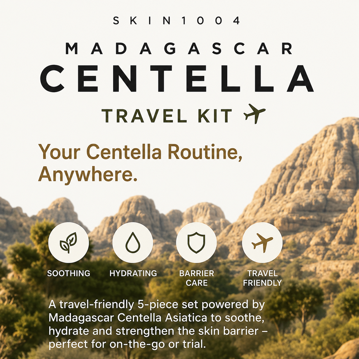 Promotional graphic for the SKIN1004 Madagascar Centella Travel Kit, featuring a scenic background of Madagascar mountains with text detailing the kit's soothing, hydrating, barrier care, and travel-friendly benefits.