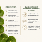 An informational marketing graphic with green leaf illustrations on a cream background, divided into two columns. The left column is titled 'PRODUCT EFFECTS' and lists benefits like calming redness, strengthening the skin barrier, hydrating, and balancing texture.