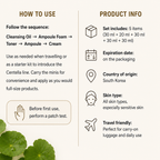 An infographic with a beige background showing how to use a skincare set and product information. The left column, titled 'HOW TO USE', lists steps: Cleansing Oil, Ampoule Foam, Toner, Ampoule, and Cream, with a patch test icon.
