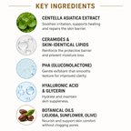 A product information graphic titled 'KEY INGREDIENTS' on a light beige background, listing five skincare benefits with small circular ingredient illustrations and text about centella asiatica extract, ceramides and skin-identical lipids, pha, hyaluronic acid and glycerin, and botanical oils.