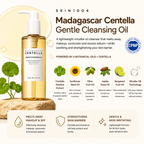 SKIN1004 Madagascar Centella Gentle Cleansing Oil bottle shown on a light beige background with botanical and ingredient callouts, including Centella Asiatica, sunflower seed oil, olive oil, jojoba seed oil, bergamot fruit oil, and micellar oil technology.
