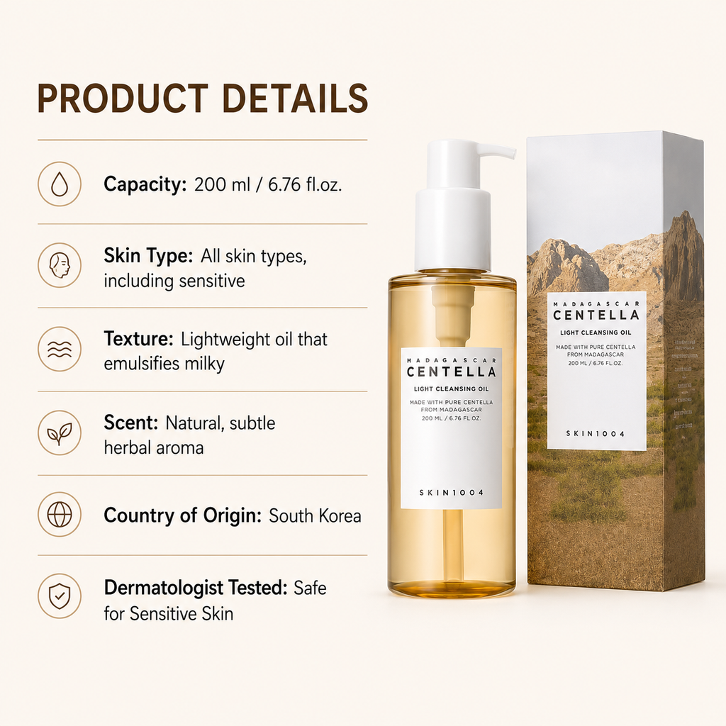 SKIN1004 Karspena Centella Light Cleansing Oil shown in a 200 ml pump bottle next to its packaging box, with product details text listed on the left against a light beige background.