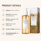 SKIN1004 Karspena Centella Light Cleansing Oil shown in a 200 ml pump bottle next to its packaging box, with product details text listed on the left against a light beige background.