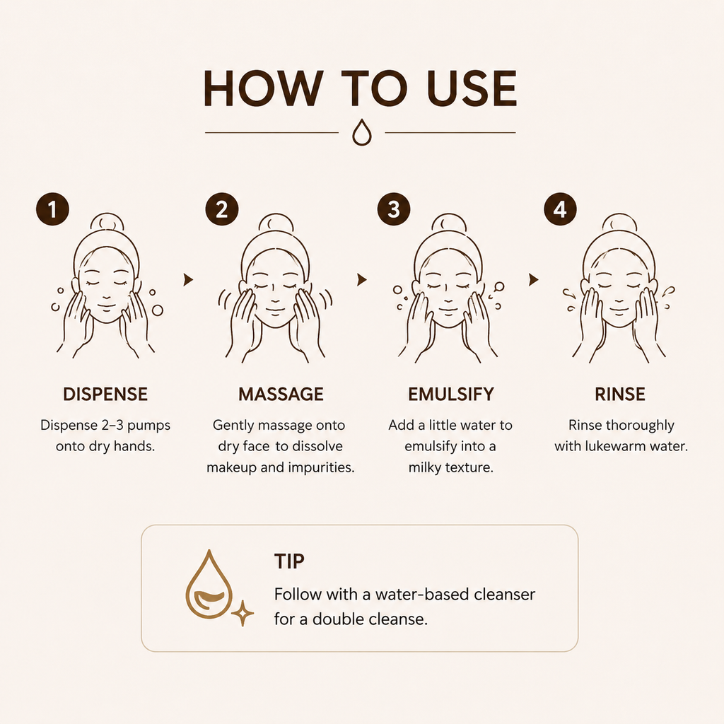 A beige 'HOW TO USE' instruction graphic for a facial cleansing product, showing four illustrated steps: dispense, massage, emulsify, and rinse, with a tip box below.