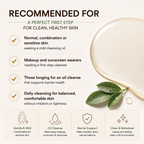 An informational skincare graphic with the heading 'RECOMMENDED FOR' and bullet points describing benefits for clean, healthy skin. The right side shows a glossy droplet of creamy cleansing oil with a few green leaves and a water droplet, on a warm off-white background.