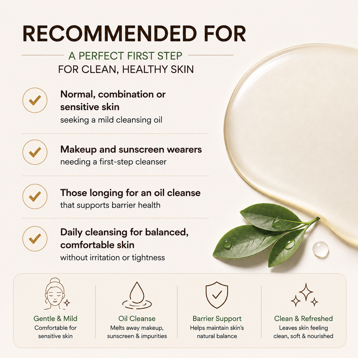 An informational skincare graphic with the heading 'RECOMMENDED FOR' and bullet points describing benefits for clean, healthy skin. The right side shows a glossy droplet of creamy cleansing oil with a few green leaves and a water droplet, on a warm off-white background.