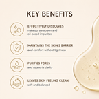 A beige promotional graphic with the heading 'KEY BENEFITS' and four benefit points with icons: effectively dissolves makeup, sunscreen, and oil-based impurities; maintains the skin barrier and comfort; purifies pores and supports clarity; leaves skin feeling clean, soft, and balanced. A large glossy droplet of pale golden liquid appears on the right side.