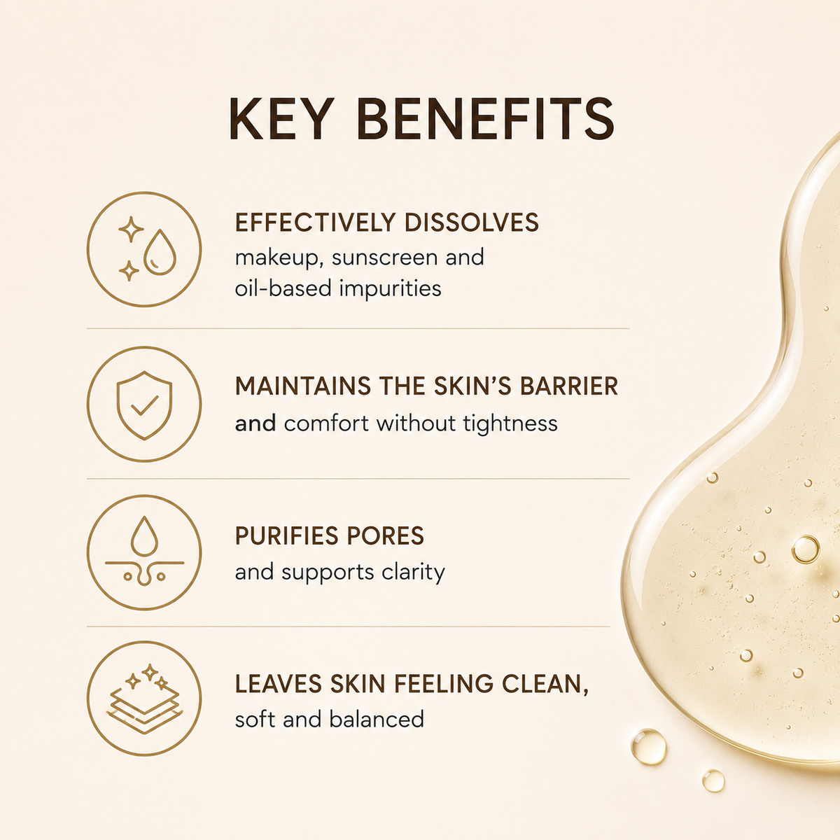 A beige promotional graphic with the heading 'KEY BENEFITS' and four benefit points with icons: effectively dissolves makeup, sunscreen, and oil-based impurities; maintains the skin barrier and comfort; purifies pores and supports clarity; leaves skin feeling clean, soft, and balanced. A large glossy droplet of pale golden liquid appears on the right side.