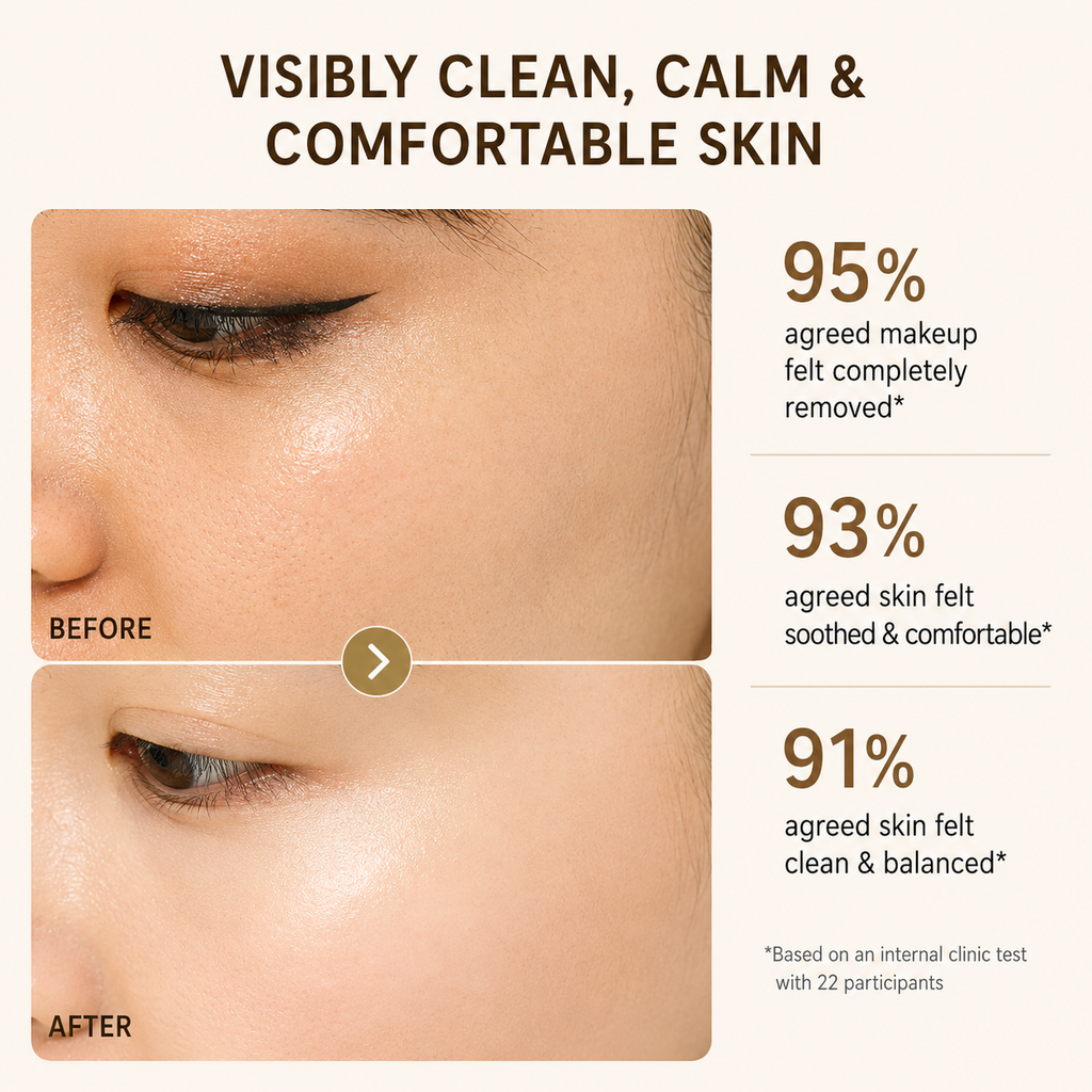 Before-and-after skin comparison graphic showing close-up eye and cheek areas with text reading 'Visibly Clean, Calm & Comfortable Skin' and percentages for makeup removal, comfort, and skin balance.