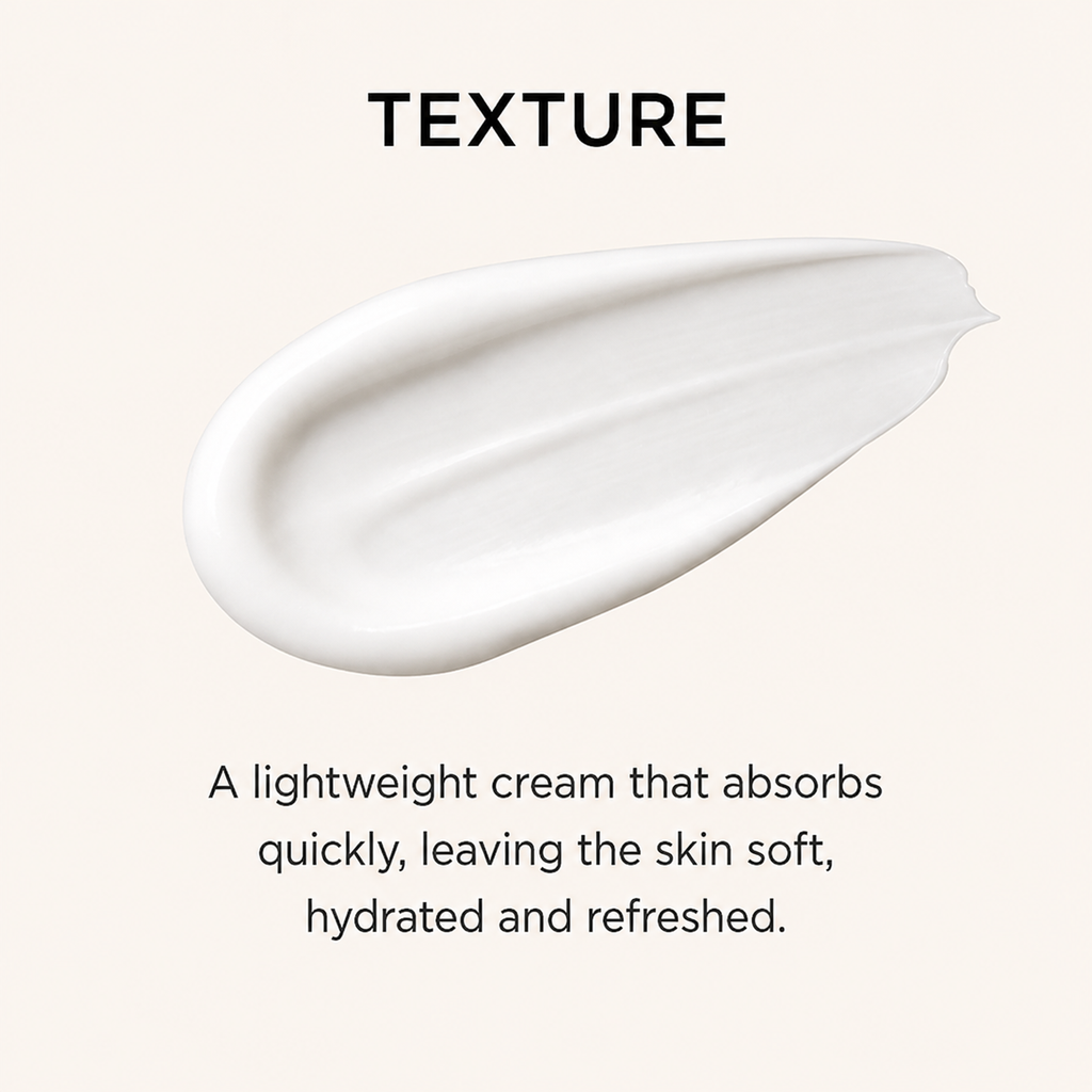 A white cream swatch on a light beige background with the text 'TEXTURE' at the top and a descriptive caption below about the cream's lightweight, absorbing texture.