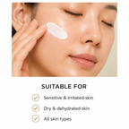 Close-up of a woman applying or spreading a white cream on her cheek, with text below reading 'SUITABLE FOR' and listing benefits for sensitive, dry, and all skin types.