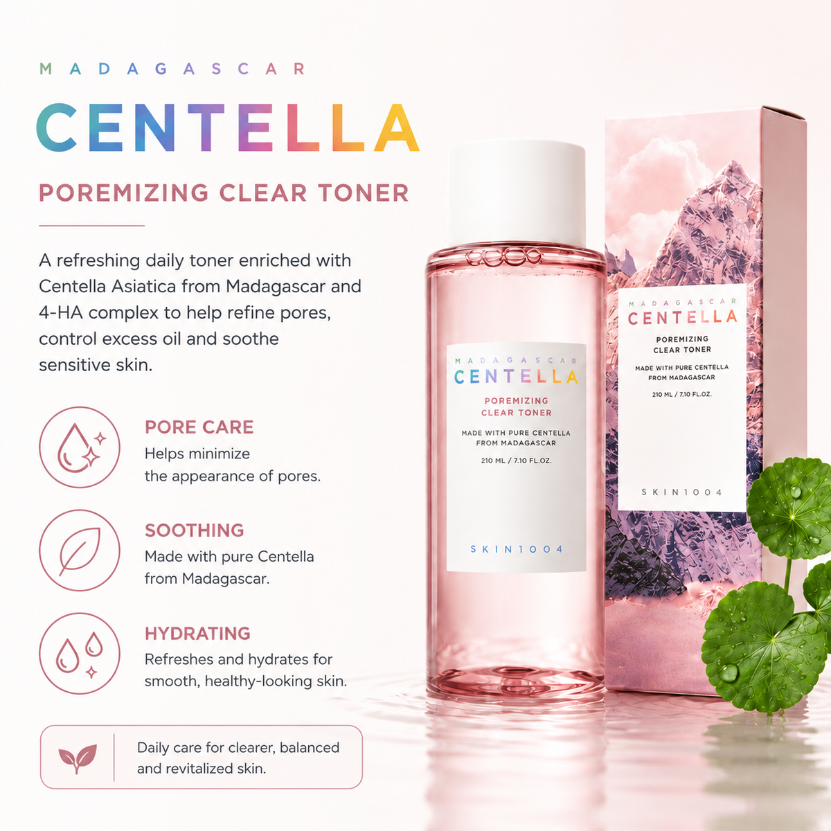 SKIN1004 Madagascar Centella Poremizing Clear Toner bottle and its pink packaging box, displayed alongside informational text and icons on a soft pink background with green leaves.