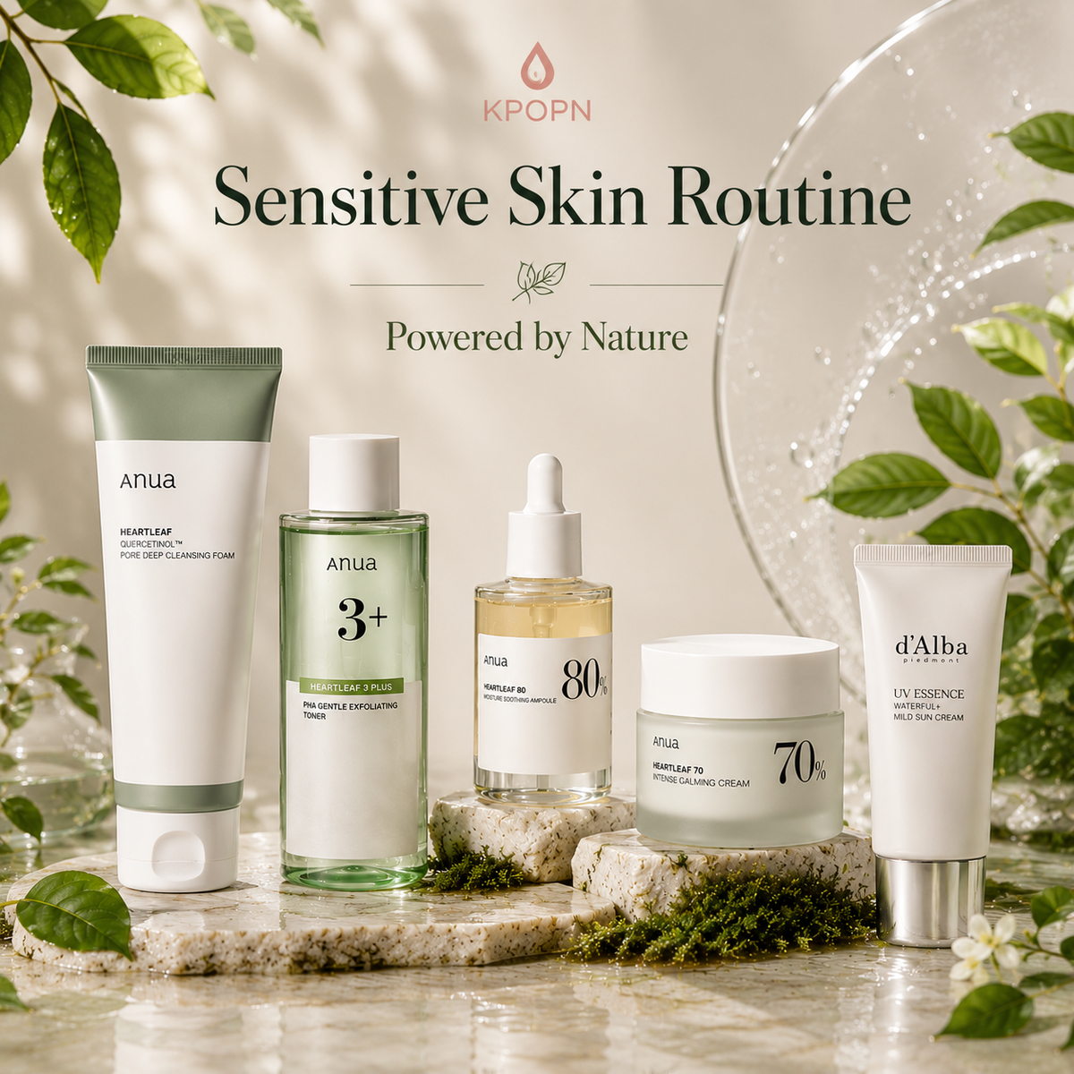 Five skincare products arranged on stone slabs with green leaves and a glass bowl in a softly lit setting. Text at the top reads 'KPOPN Sensitive Skin Routine Powered by Nature.