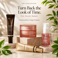 Four skincare products arranged on stone pedestals with decorative leaves and soft light shadows: a dark brown tube of Deep Vela Retinoid Serum, a pink jar of MedCube Triple Collagen Cream, a gold tube of MedCube Advanced Serums, and a pink Biodance Hyaluronic Acid Serum bottle. Large text at the top reads, 'Turn Back the Look of Time.