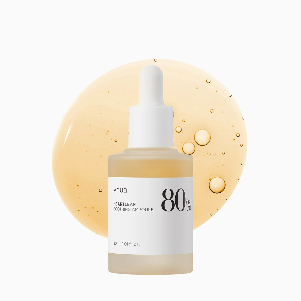 Skincare ampoule bottle with a close-up of ampoule droplets on a white background