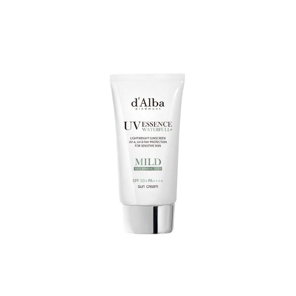 Tube of d'Alba UV Essence Waterfuèlle sun cream on a white background