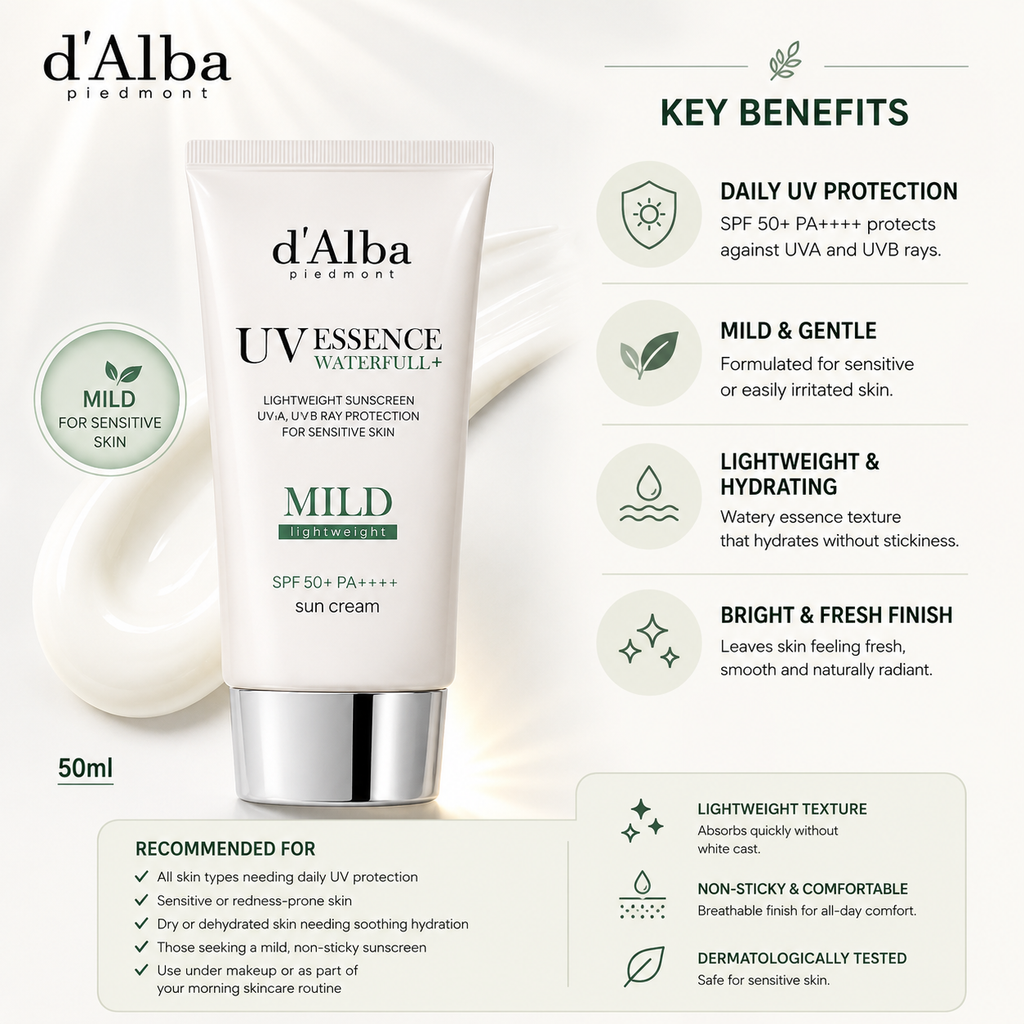 A promotional graphic for d'Alba Piedmont UV Essence Waterdrop+ Sun Cream. The image features a white tube of the SPF 50+ PA++++ sun cream in the 'Mild' variant, set against a clean white background with a soft shadow.