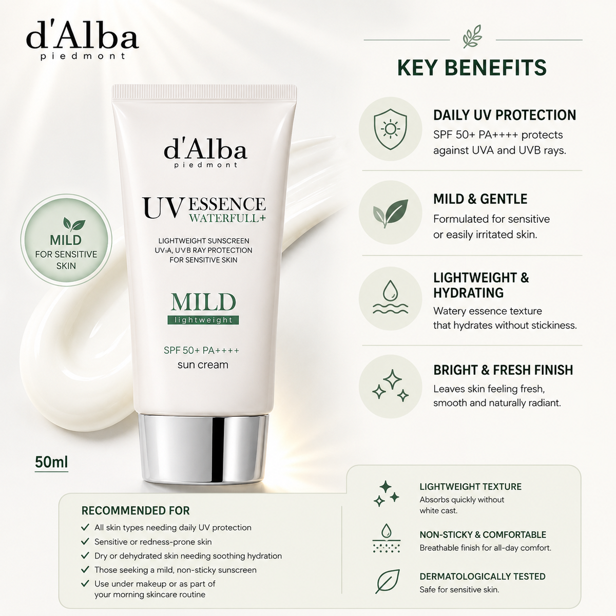 A promotional graphic for d'Alba Piedmont UV Essence Waterdrop+ Sun Cream. The image features a white tube of the SPF 50+ PA++++ sun cream in the 'Mild' variant, set against a clean white background with a soft shadow.