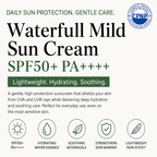 Promotional graphic for Waterfull Mild Sun Cream SPF50+ PA++++, featuring large black and green text on a light background, a CPNP certification seal, and five icon-based benefit callouts for sunscreen.