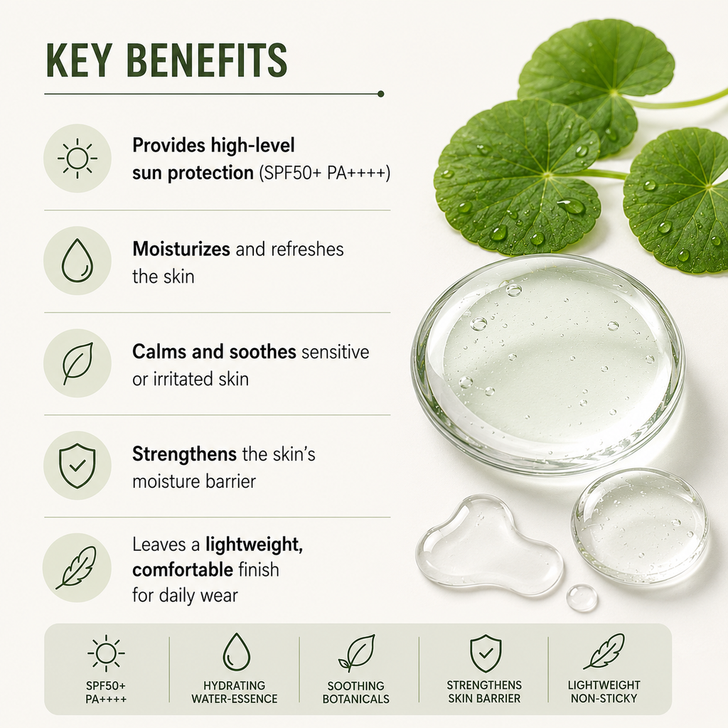 Key benefits infographic for a skincare product, featuring text about sun protection, moisturization, soothing, and lightweight finish alongside visual elements of green water droplet leaves, a glass bowl of clear gel, and three heart-shaped gel pieces on a light beige background.