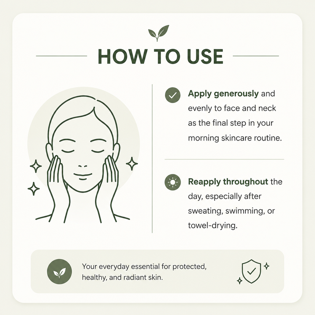 An instructional graphic titled 'HOW TO USE' with a line drawing of a woman applying product to her face and neck. The text explains how to apply the product as a final step in a morning skincare routine and how to reapply throughout the day, on a light cream background with dark green accents.