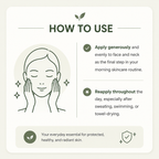 An instructional graphic titled 'HOW TO USE' with a line drawing of a woman applying product to her face and neck. The text explains how to apply the product as a final step in a morning skincare routine and how to reapply throughout the day, on a light cream background with dark green accents.