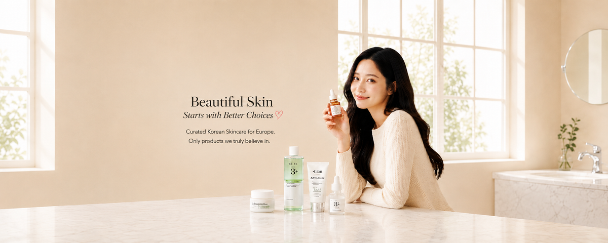 A woman in a bright bathroom holds a skincare bottle next to several skincare products on a counter, with text on the left reading 'Beautiful Skin Starts with Better Choices.'.