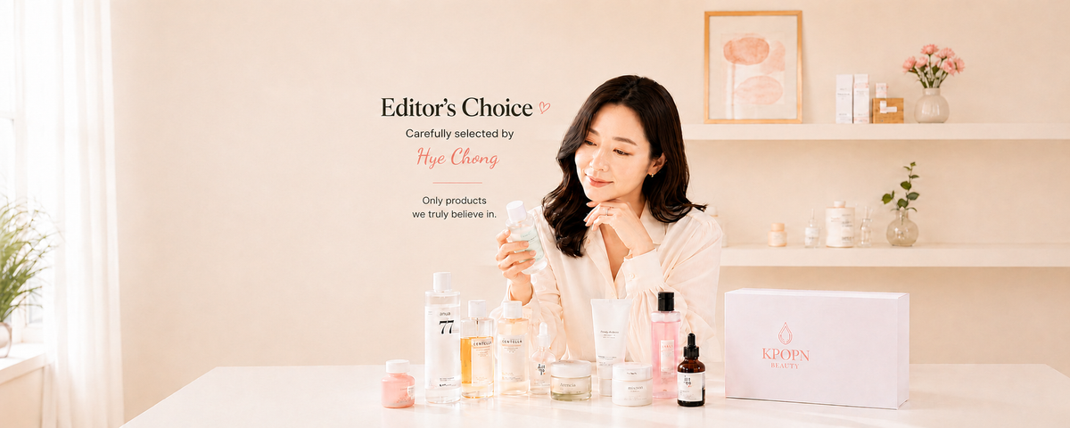 A woman in a white blouse stands behind a table displaying skincare products, holding a small bottle. A white box with pink lettering sits on the right, and the text 'Editor's Choice' appears on the left against a warm beige interior background with shelves and framed decor.