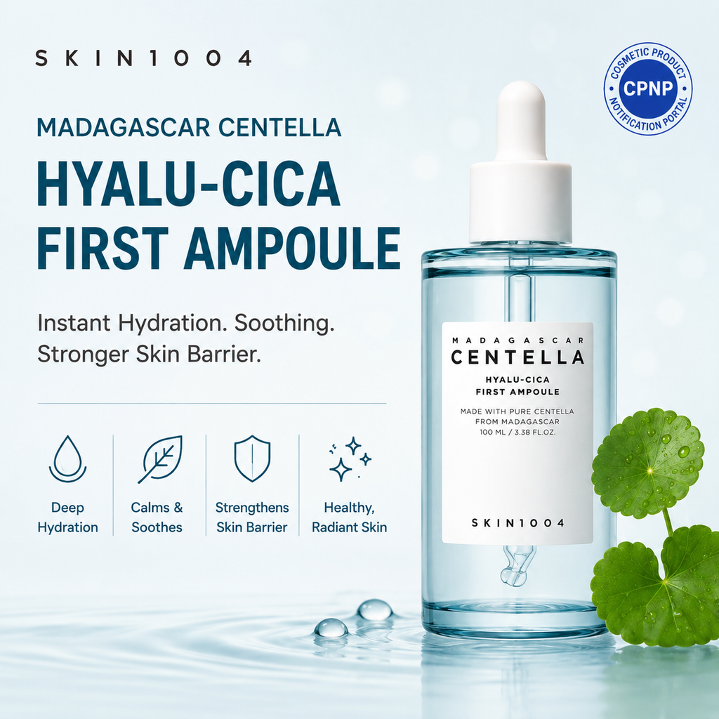 SKIN1004 Madagascar Centella Hyalu-Cica First Ampoule skincare bottle on a light blue background with product text, icons, and green centella leaves.