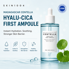 SKIN1004 Madagascar Centella Hyalu-Cica First Ampoule skincare bottle on a light blue background with product text, icons, and green centella leaves.