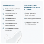 An informational graphic with two columns on a white background. The left column is titled 'PRODUCT EFFECTS' and lists benefits such as immediate moisture and plumpness, strengthened skin barrier, reduced redness, improved texture, and enhanced absorption, with a translucent gel swatch at the bottom.
