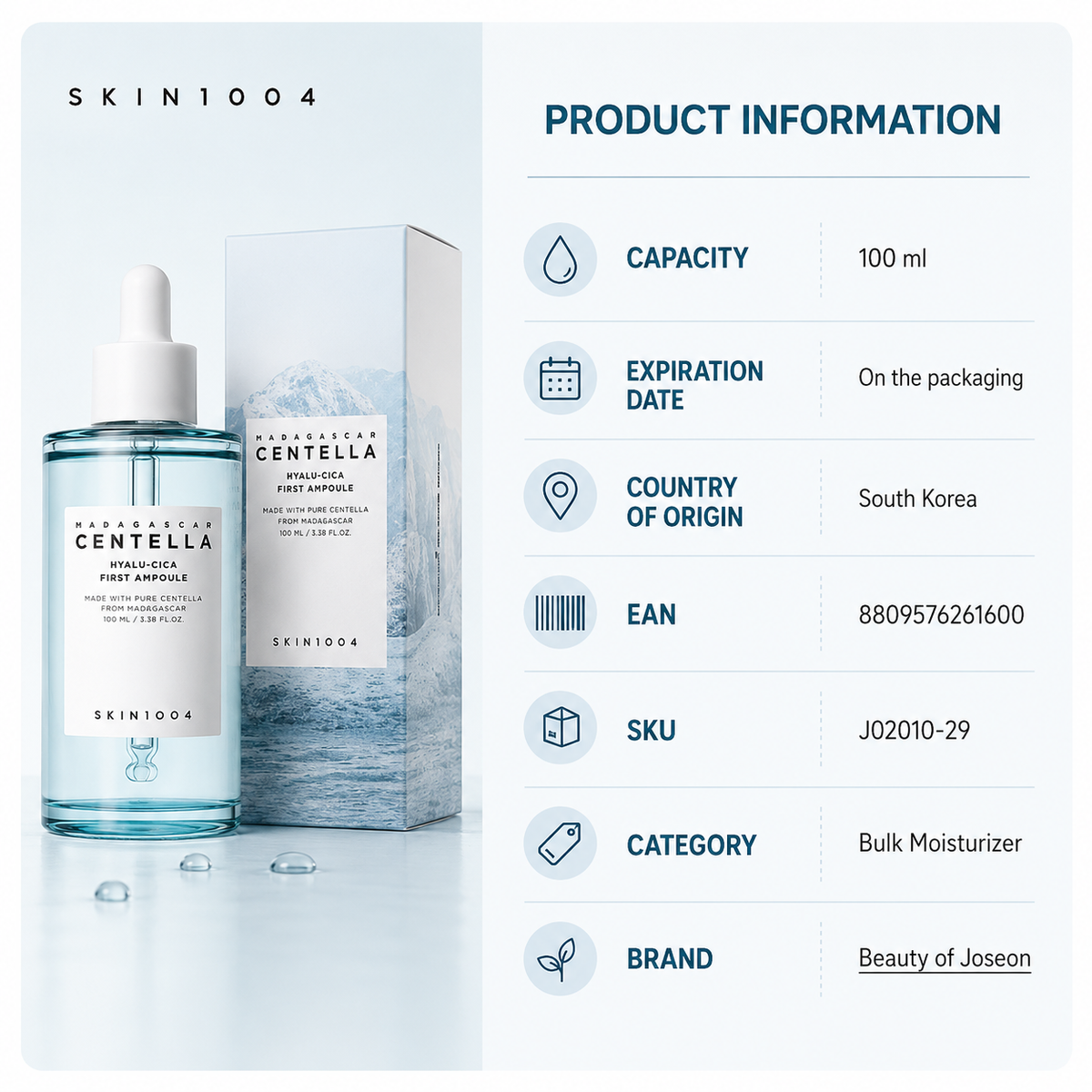 SKIN1004 Beauty of Joseon Mirtoscent Centella Hyalu-Cica First Aid Serum shown with its dropper bottle and outer box on a clean white background, alongside a product information panel listing capacity, expiration date, country of origin, EAN, SKU, category, and brand.